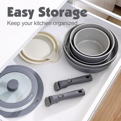 SENSARTE 24 Piece Ceramic Detachable Handle Pots and Pans Set Gray | Ceramic Cookware Set, Induction Cookware Set with Removable Handle, Healthy Non Stick for RV, Dishwasher ＆ Oven Safe - color: Gray, size: 24 Piece