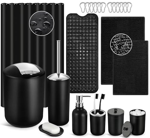 Black Bathroom Accessories Set, 23Pcs Bath Accessory Sets Complete with Bathtub Mat, Shower Curtain Set with Hooks, Soap Dispenser, Toothbrush Holder, Qtip Holder, Trash Can, Toilet Brush - color: Black+silver, size: Bathroom Set + Shower Curtain + Rugs +