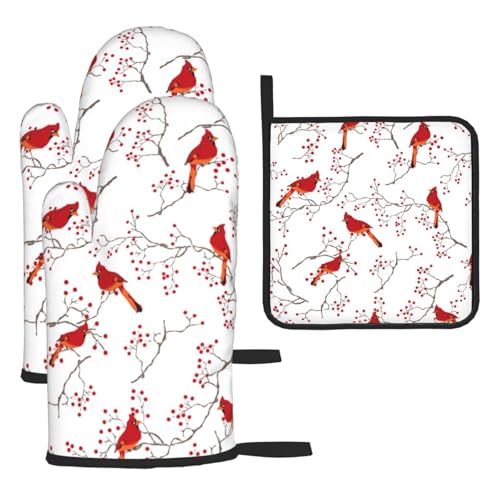 Cardinal Bird Red Berry Decor Oven Mitts and Pot Holders Sets of 3 | Heat Resistant Non Slip BBQ Gloves For Cooking Grilling Baking Holiday Kitchen Decor - color: Cardinal Bird