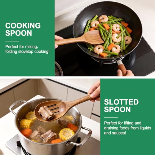 Wooden Spoon for Cooking Utensil Non Toxic Serving Mixing Slotted Spoon Set | Acacia Wood Utensils for Cooking Spoons Large Kitchen Spatula Long Stirring Spoon Scoop Korean Teak Soup Ladle Baking Spoon - color: SLOTTED+COOKING SPOONS