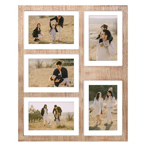 YESKAY 4x6 or 5x7 Picture Frames, Rustic Brown Wooden Frame with Real Glass, Displays Pictures Five 4x6 with Mat or 5Pcs 5x7 without Mat for Wall Mounting, Photo Collage Frame - color: Rustic Brown, size: 5x7 - 5 Opening(OD:13.2X16.4in)