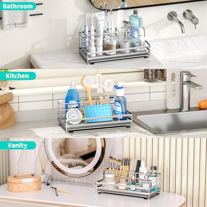 HapiRm Toothbrush Holders for Bathroom - 5 Partitions Bathroom Counter Organizer with Instant Drying Stone, Stainless Steel Countertop Storage Electric Toothbrush Toothpaste Holder - Silver - color: Silver