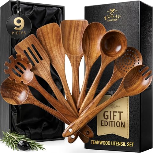 Zulay Kitchen 9-Piece Teak Wooden Utensils for Cooking - Natural Teak Utensil Set with Premium Gift Box - Non-Stick Wooden Spoons for Cooking - Kitchen Gift Set - Comfortable Grip Wooden Utensil Set - size: 9 Piece | Gift Box
