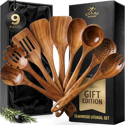 Zulay Kitchen 9-Piece Teak Wooden Utensils for Cooking - Natural Teak Utensil Set with Premium Gift Box - Non-Stick Wooden Spoons for Cooking - Kitchen Gift Set - Comfortable Grip Wooden Utensil Set - size: 9 Piece | Gift Box
