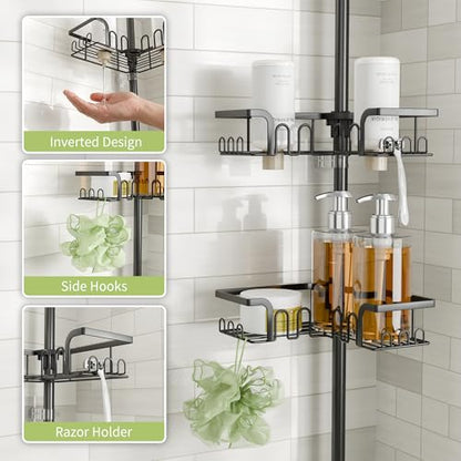 Corner Shower Caddy Tension Pole Adjustable 30.6-127.2 Inch, 4-Tier Rustproof Shower Organizer Shelf Rack, No-Drill Installation Bathroom Storage Shower Caddy Corner Pole, Black
