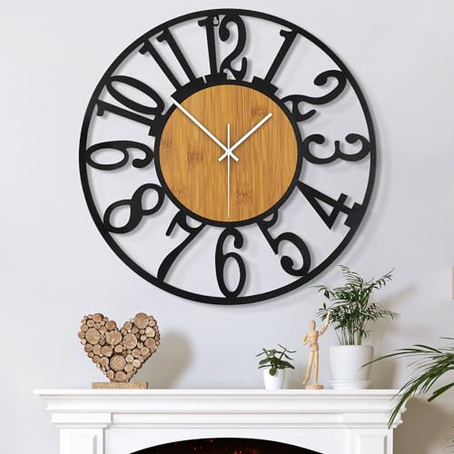 Large Wall Clock for Living Room Decor, 24 Inch Non Ticking Silent, Battery Operated Modern Vintage Oversized Wall Clock for Bedroom Kitchen - color: Light Brown - Arabic Numbers, size: 24inch