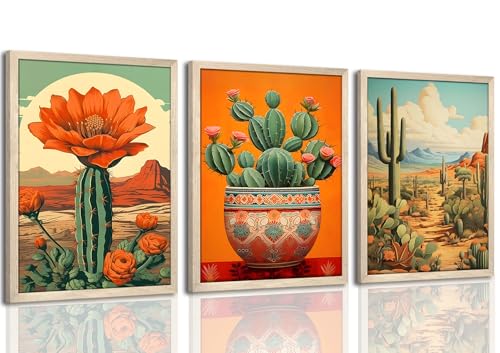 Wood Framed Mexican Cactus Wall Art Set of 3, Vintage Desert Botanical Canvas Prints, Boho Southwestern Floral Painting Pictures, Rustic Living Room Bedroom Bathroom Home Wall Decor 16x24 inch - color: Cactus, size: 24"L x 16"W