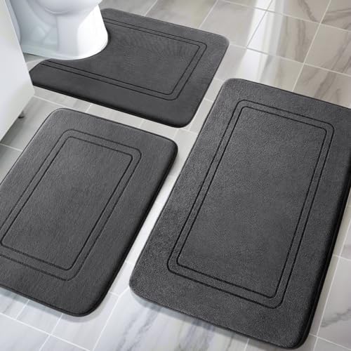 Memory Foam Bath Mat Set, Non Slip Bath Mats for Bathroom, Super Soft and Water Absorbent Bath Rug Set, Machine Washable U Shape Toilet Mats, Dark Grey - color: Dark Grey, size: 3pieces