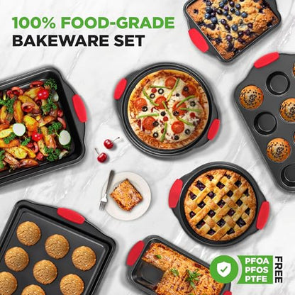 NutriChef Non-Stick Kitchen Oven Baking Pans-Deluxe & Stylish Nonstick Gray Coating Inside Outside, Commercial Grade Restaurant Quality Metal Bakeware with Red Silicone Handles NCSBS8S, 8 Piece Set - size: 8-Piece Set