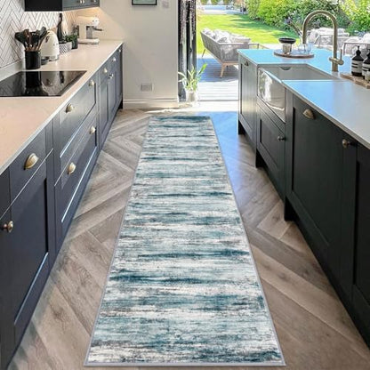 KOZYFLY Modern Abstract Kitchen Runner Rug, 2x10 Washable Rug Runner Non-Slip Soft Striped Hallway Runner Rugs, Light Blue Print Carpet Runner for Entryway Bathroom Laundry Room Foyer - color: Blue, size: 2' x 10' (Runner)