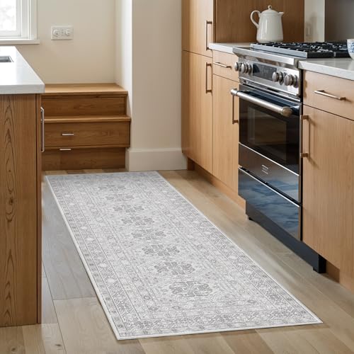 Ksrau 2x5 Runner Rug Washable Vintage: Non Slip Long Kitchen Runners Grey | Oriental Indoor Floor Mat for Hallway Soft Low Pile Thin Carpet for Entryway Bedroom Living Room Bathroom Home Office Decor - color: Grey, size: 2' x 5' (Rectangular)
