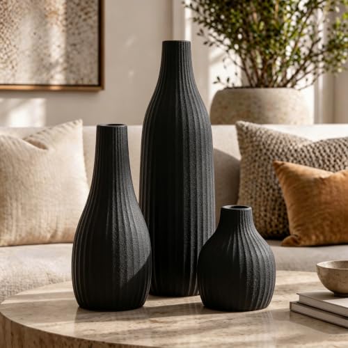 Minimal Line Black Ceramic Vase Set of 3, Matte Decorative Flower Vases | Modern Nordic Boho Home Table Decor,Shelf,Entryway,Coffee Table,Dining Table Centerpiece,Fireplace Mantel or Console Décor - color: Black