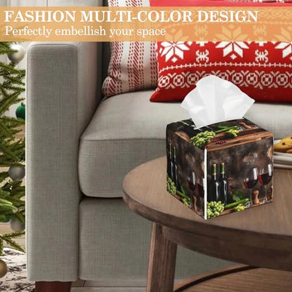 Red Wine Tissue Box Cover, Fruits Wood Tissue Box Holder Waterproof Leather Facial Paper Organizer Dispenser for Bathroom Home Car Nightstand Vanity - color: Red Wine Fruits Wood
