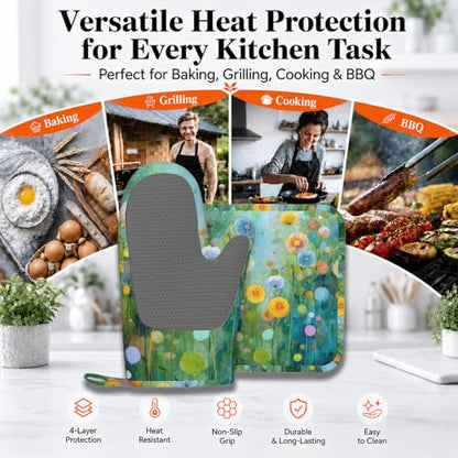 Abstract Oil Painting Flowers Oven Mitts and Pot Holders Sets Non-Slip Silicone Surface for BBQ Gloves,Kitchen,Cooking,Baking,Grilling - color: Abstract Oil Painting Flowers