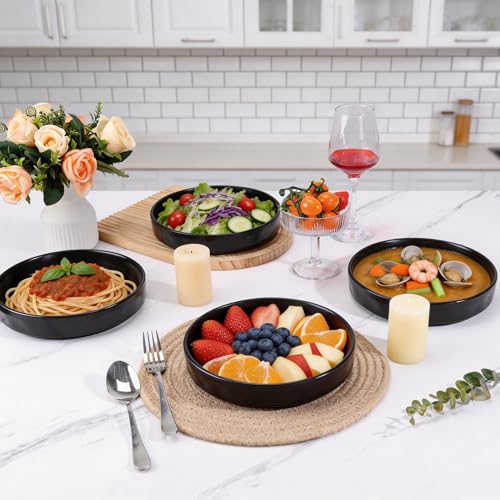 LIANYU 8.25’’ Pasta Bowls Set of 4, 33oz Large Wide Shallow Dinner Plates | Stoneware Salad Plate, Ceramic Serving Bowl Sets for Soup, Cereal, Fruit, Microwave & Dishwasher Safe, Obsidian Matte Black - color: Matte Black