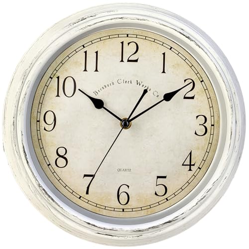 Bernhard Products Vintage Wall Clock Silent Non Ticking - 12 Inch Quality Quartz Battery Operated Decorative White Clock for Home Kitchen Living/Dining Room Office Decor, Easy to Read, Rustic - color: Rustic White