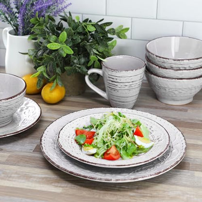 Elama Malibu Calcite 16-Piece Stoneware Embossed Pattern Reactive Glaze Light Gray Dinnerware Set, Tableware, Serveware Set (Calcite Gray) - color: Calcite Gray