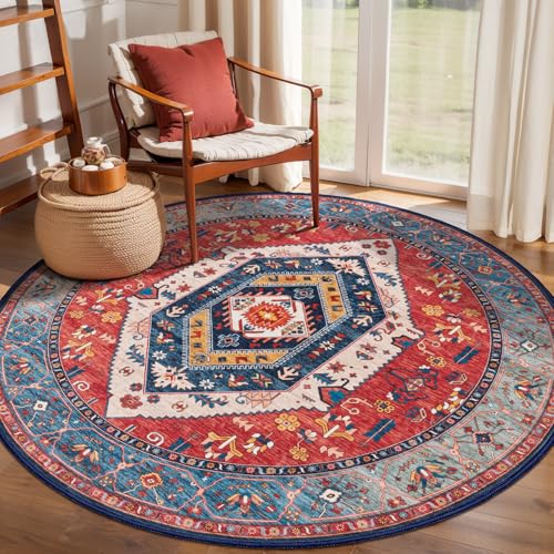 SERISSA 4ft Washable Non Slip Round Boho Area Rug for Bedroom，Rust | Ultra Soft Vintage Oriental Carpet Low-Pile Tribal Circular Indoor Mat for Entryway Kids Room College Dorm Living Room - color: Rust/Multi, size: 4' (Round)