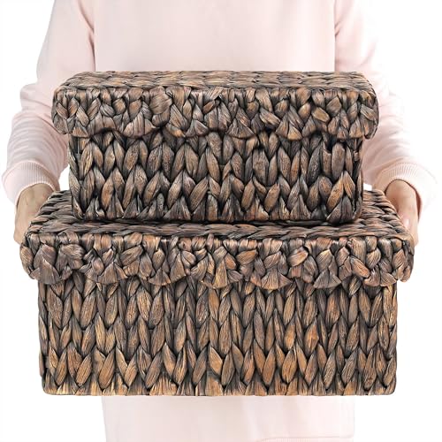 2Pcs Scalloped Wicker Baskets with Lid, Wicker Scalloped Tray & Baskets, Organizing Baskets Boho Style, Large Wicker Storage Baskets for Decor, Living Room, Bathroom, Bedroom - color: Espresso