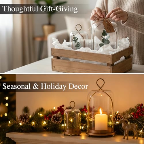 Hurricane Glass Candle Holders, Modern Farmhouse Coffee Table Decorations, Candle Holders for Pillar Candles Set of 2, Decorative Candle Lanterns, Antique Large Candle Holder for Gifts