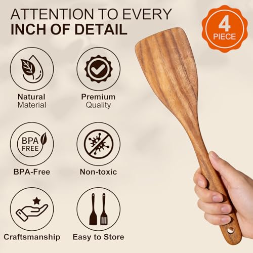Acacia Wooden Spatula Set Non Toxic Kitchen Utensil Set Slotted Turner | Flat Wood Wok Spatulas for Cooking Spoon Kitchen Spurtle Bamboo Cooking Utensils Fish Egg Flipper Spatula Cast Iron Scraper - size: 4 Pieces