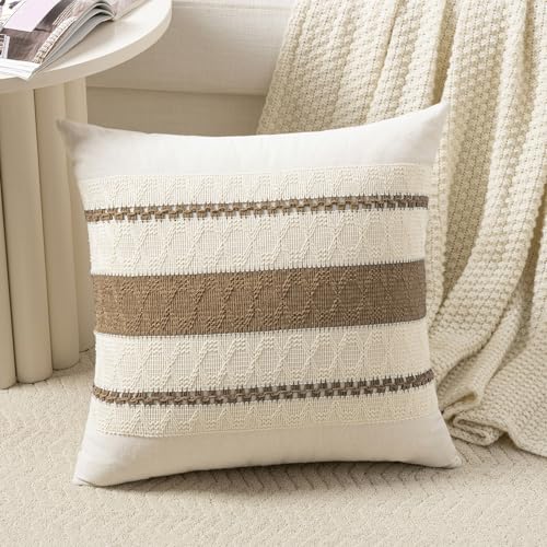 Fancy Homi Set of 1 Boho Light Brown Decorative Throw Pillow Cover 16x16 Inch for Couch Bed Sofa, Aesthetic Modern Organic Farmhouse Home Decor, Soft Cotton Cute Accent Macrame Woven Cushion Case - color: Light Brown, size: 16" x 16" (Pack of 1)