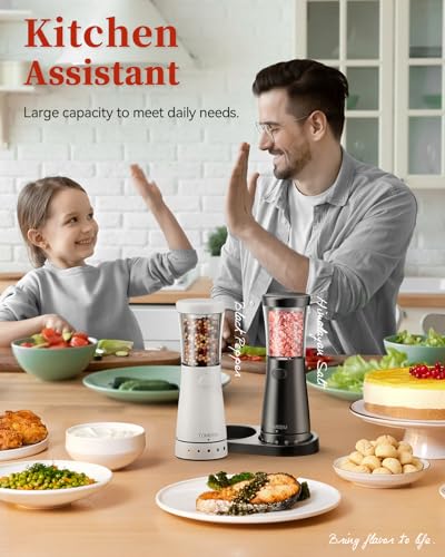 Electric Salt and Pepper Grinder Set with Storage Base, Stainless Steel Rechargeable Salt and Pepper Grinder Set with 4.5 oz Large Capacity, 1.8" Wide Mouth, Adjustable Coarseness, Ideal for Kitchen - color: Black