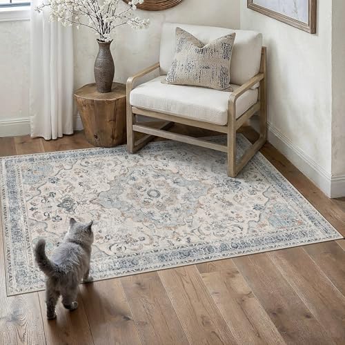 Blue Area Rug 3x5 Entryway Vintage Floral Non-Slip Carpet | Machine Washable, Soft, Low Pile, for Bedroom, Dining Room, Kids Room, Nursery, Office, Retro Neutral Decor - color: Vintage | Blue, size: 3' x 5' (Rectangular)