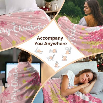 Pink Christmas Tree Throw Blanket, Merry Christmas Super Soft Warm Flannel Blankets for Bed Couch Sofa Gold White Pine Tree Snowy Lightweight Fluffy Plush Bed Throws 40x50 Inch - color: White Pink, size: 40''x50''