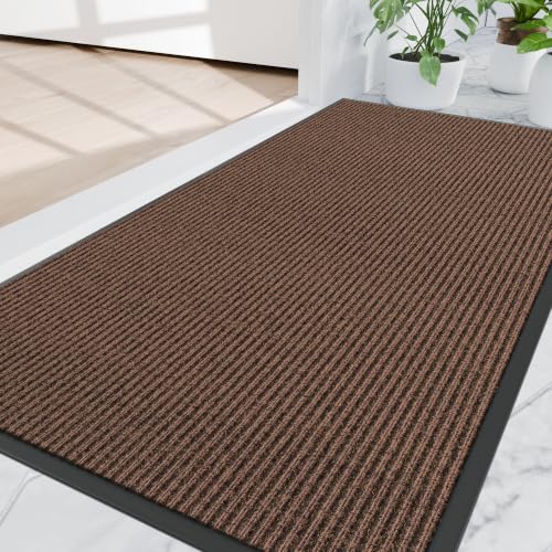 Amyracel 2'x4' Front Door Mat Indoor Outdoor Entrance Heavy Duty Waterproof | Commercial Floor Mat, Non Slip Natural Rubber Doormat, Fade Resistant, Low Profile, Easy Clean for Entryway, Patio, Garage - color: Brown Double Stripe, size: 4' x 2' (Rectangul