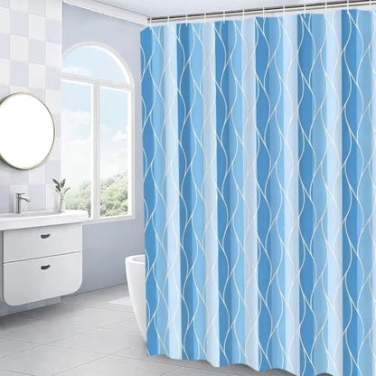 DDQQ 4Pcs Light Blue Bathroom Set Stripe Shower Curtain Set Modern Geometric Shower Curtain for Bathroom with 12 Hooks, Bathroom Carpet Bath Mat and Toilet Rugs - color: Light Blue