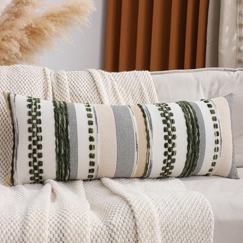 Dark Green Boho Lumbar Throw Pillow Cover 14x36 | 1 Piece,Durable Fabric,Stripe Pillow Cover,Farmhouse Cushion Case,Chenille Pillow Case,Neutral Pillowcase for Sofa Couch Bed - color: Dark Green Stripe, size: 36" x 14" (Pack of 1)