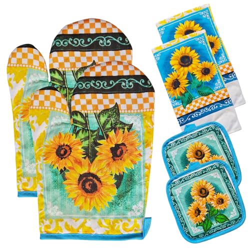 PXIYOU Oven Mitts and Pot Holders 6pcs Set, Sunflower 2 Dish Towels 2 Farmhouse Cooking Mittens Oven Glove 2 Potholder Heat Resistant BBQ Gloves for Kitchen Baking Cooking Grilling Microwave