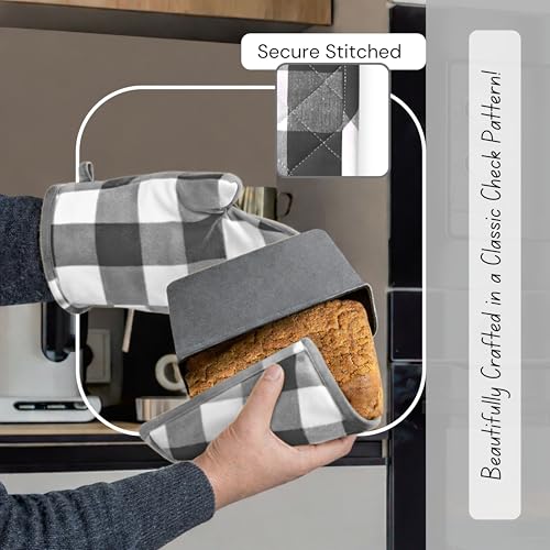 Native Fab Buffalo Plaid Check Oven Mitts and Pot Holders Set of 4, 100% Cotton Heat Resistant Kitchen Gloves, 2 Oven Mitts (7x13), 2 Pot Holders (8x8) for Cooking & Baking, Steel Grey White - color: Buffalo, Dark Grey