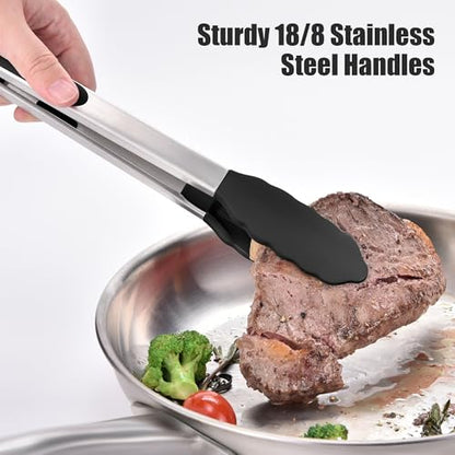 Doosu 9+12in Kitchen Tongs for Cooking - 600°F Heat Resistant Food Tongs with Non-Scratch Silicone Tips & 4-Piece Silicone Spatula Set Kitchen BPA Free Food Grade Baking Supplies Cooking Tools (Black)