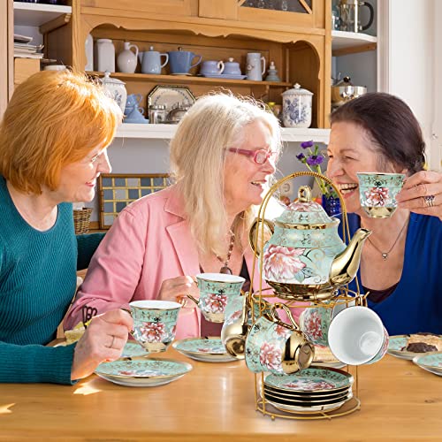 Zhehao 20 Pcs Porcelain Tea Set with Metal Holder and Spoon Adult Ceramic Tea Set European Flower Painting Teapot Cup Saucer Spoon for Women Mom Gift, Large Version (Fresh Style) - color: Fresh Style