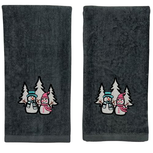 Luxury Holiday Christmas Hand Towels, Embroidered Snowmen, Forest Trees, Velour Terry Cotton, Grey, Set of 2 - color: Charcoal Grey