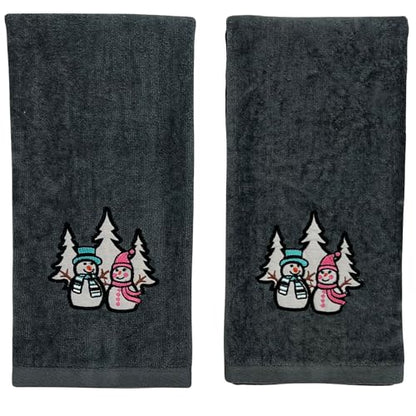 Luxury Holiday Christmas Hand Towels, Embroidered Snowmen, Forest Trees, Velour Terry Cotton, Grey, Set of 2 - color: Charcoal Grey