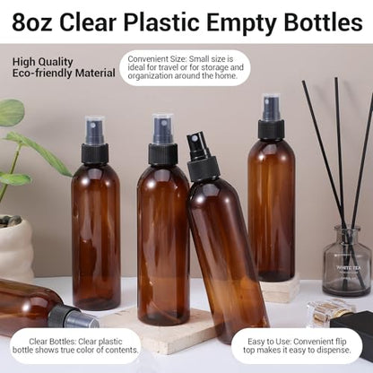 Fumusae 26 Pcs 8 oz Spray Bottles Fine Mist Cleaning Bottles, Amber Empty Plastic Travel Sprayer, Refillable Liquid Containers for Liquid Hair Oil Shampoo Lotion (8 oz,Amber)