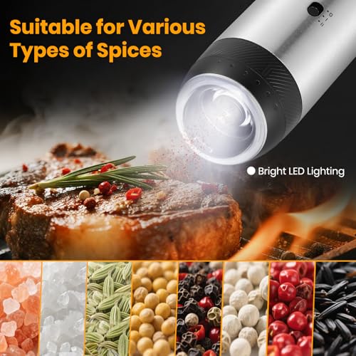 Rechargeable Gravity Electric Salt Grinder Set,Stainless Steel | with Variable Grinding Speed, External Adjustable Coarseness,Charging Base and White LED Light - color: Stainless Steel with Charging Base