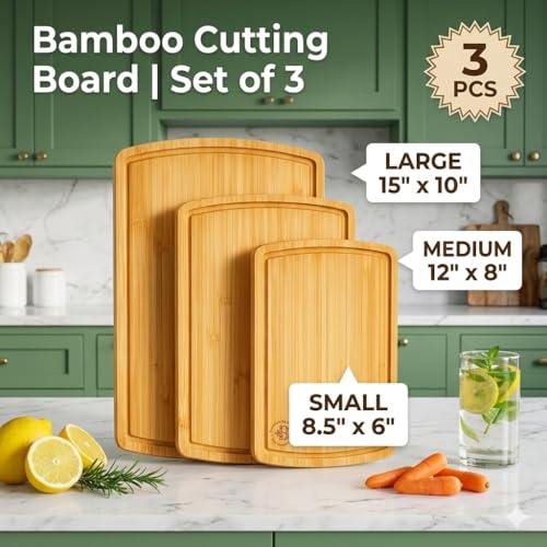 Bamboo Cutting Boards for Kitchen, Non Toxic Wooden Chopping Board Meat Set | Deep Juice Groove, Knife-Friendly, Reversible Butcher Block, Side Handles, Serving, Food Prep, Vegetable, Fruit, Meat, Cheese - size: 3-Piece