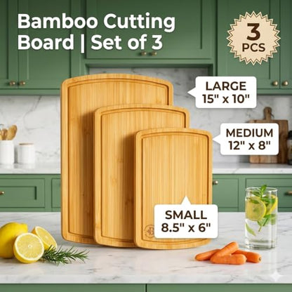 Bamboo Cutting Boards for Kitchen, Non Toxic Wooden Chopping Board Meat Set | Deep Juice Groove, Knife-Friendly, Reversible Butcher Block, Side Handles, Serving, Food Prep, Vegetable, Fruit, Meat, Cheese - size: 3-Piece