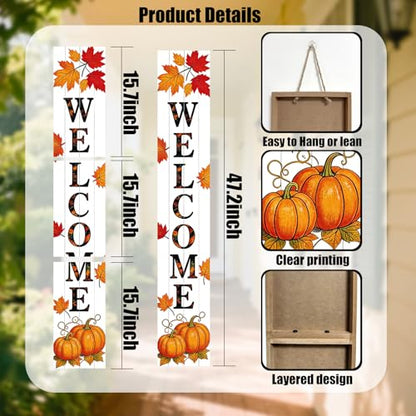 Vertical Wooden Fall Welcome Porch Sign,Rustic Autumn Porch Standing Sign,Decorative Leaning Sign for Front Entrance,Farmhouse Style Outdoor Welcome Decoration-47.2" H.