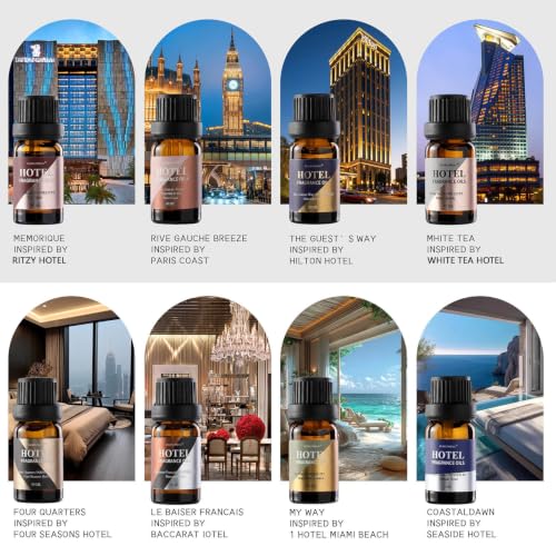Hotel Diffuser Oil Gift Set - Inspired by 5-Star Hotel Scents - My Way,Ritz - C,White Tea,Baccarat,Four Seasons,Hilton,Beachfront Villa,Paris Coast, Fragrance Oil Set