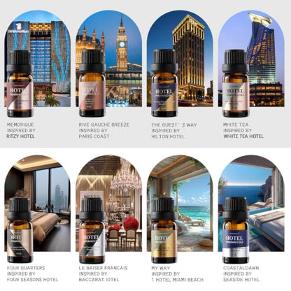 Hotel Diffuser Oil Gift Set - Inspired by 5-Star Hotel Scents - My Way,Ritz - C,White Tea,Baccarat,Four Seasons,Hilton,Beachfront Villa,Paris Coast, Fragrance Oil Set