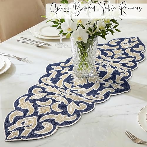 Beaded Table Runner, Blue Silver, 36x13 | Glass beads on polyester satin backing, 36x13 in, non-slip, weddings, holidays, dining & console tables - color: Navy/Silver, size: 36"x13"