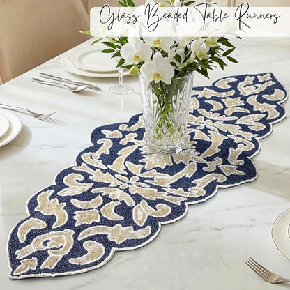 Beaded Table Runner, Blue Silver, 36x13 | Glass beads on polyester satin backing, 36x13 in, non-slip, weddings, holidays, dining & console tables - color: Navy/Silver, size: 36"x13"