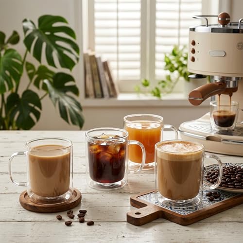 4PCS 12OZ Double Walled Glass Coffee Mugs, 350ml Borosilicate Glass Coffee Cups Insulated Coffee Mug with Handle Clear Heat Resistant Hot/Cold Beverages Dishwasher Safe Cappuccino Tea Latte