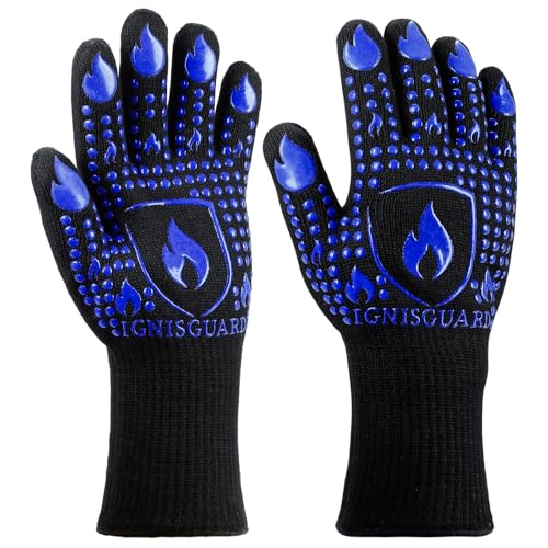 IGNISGUARD® BBQ Gloves, Heat Resistant Grill Gloves, 1 Pair, Blue (L) | EN407:2020 tested with textured silicone grip, three-layer construction and long knit cuff for added wrist coverage. - color: Blue, size: Large