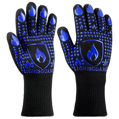IGNISGUARD® BBQ Gloves, Heat Resistant Grill Gloves, 1 Pair, Blue (M) | EN407:2020 tested with textured silicone grip, three-layer construction and long knit cuff for added wrist coverage. - color: Blue, size: Medium
